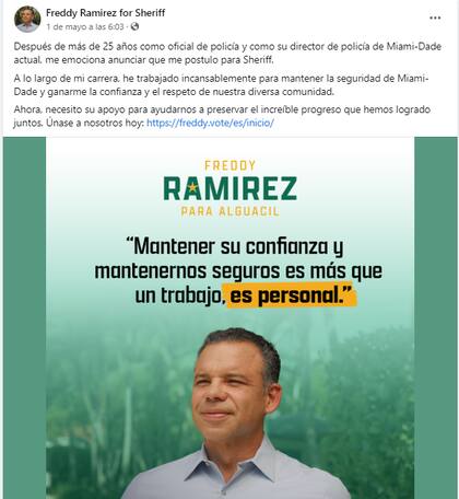 Alfredo "Freddy" Ramírez anunció su candidatura a sheriff a través de sus redes sociales