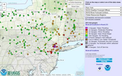 Algunas áreas de Nueva York ya presentan inundaciones severas, como muestra este mapa oficial sobre las condiciones climáticas