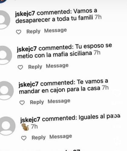 Algunas de las amenazas recibidas por Nicolás Jarry en el Masters 1000 de Roma 2024 y que mostró su esposa, María Laura Urruticoechea