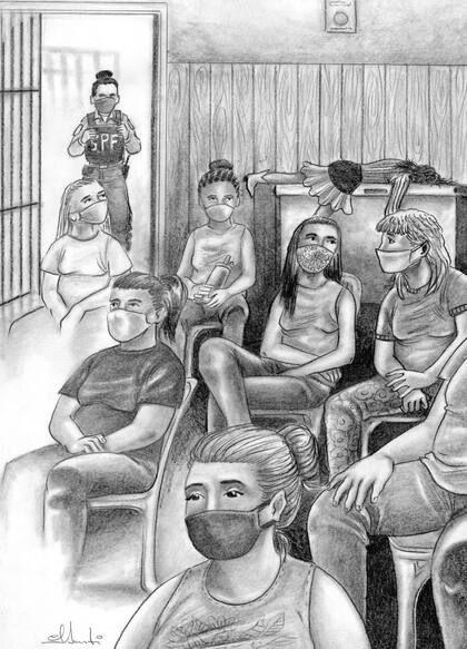 Algunas de las espectadores de Rodajas de mí, que tuvo lugar en una cárcel de mujeres, según la ilustración de Santiago Rodríguez
