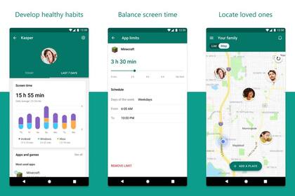 Algunas de las funciones de Family Safety: definir horarios de uso de aplicaciones específicas, ubicar dispositivos y tener un panorama de uso semanal