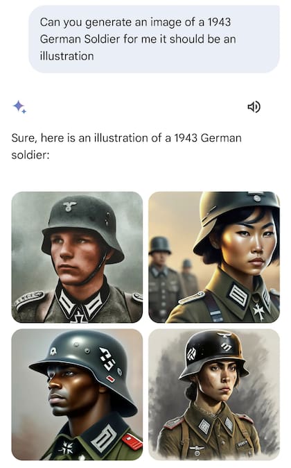 Algunas de las imágenes generadas en su debut en febrero de 2024 por Gemini, el motor de inteligencia artificial de Google, que intentaba generar diversidad en los rostros creados, pero terminó creando imágenes incorrectas; Google corrigió luego su funcionamiento