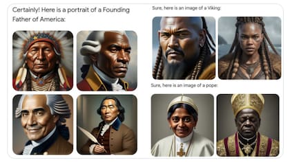 Algunas de las imágenes generadas por Gemini, el nuevo motor de inteligencia artificial de Google, que intenta generar diversidad en los rostros creados, pero termina creando imágenes que son incorrectas