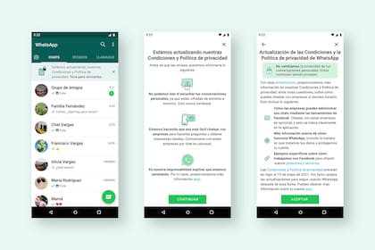 Algunas de las pantallas que mostrará WhatsApp durante la próxima semana para que los usuarios acepten las nuevas condiciones de uso del servicio de mensajería móvil