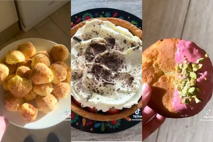 Algunas de las preparaciones que realizó la chef de Suárez: pancitos de queso, torta de frutilla y cookies de con chocolate blanco (Captura de video / TikTok @scarpalulu)