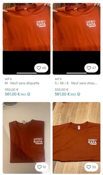 Algunas de las remeras en homenaje a Rafael Nadal que salieron a la venta en la plataforma Vinted