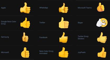 Algunas de las versiones que tiene el emoji del pulgar hacia arriba en las diferentes plataformas digitales