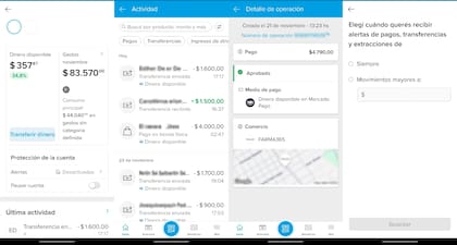 Algunas de las vistas disponibles de la herramienta de Mercado Pago para supervisión parental