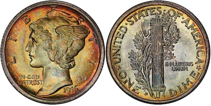Algunas versiones especiales de la moneda de diez centavos de 1919-D tienen "bandas completas", muy extrañas de encontrar (PCGS)