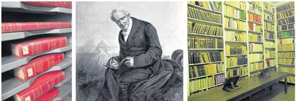 Algunos de los 30 tomos de Voyage aux Règions Equinoxiales du Nouveau Continent, de Humboldt (imagen) y Bonpland; biblioteca de la Fundación Lillo