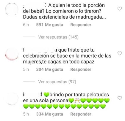 Algunos de los agresivos comentarios que recibió Granata por publicar su torta contra la legalización del aborto.