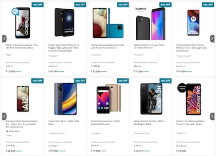 Algunos de los celulares en promoción en Tienda BNA (Captura de pantalla)