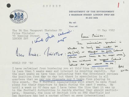 Algunos de los documentos secretos a través de los cuales la primer ministro Margaret Tatcher y su gabinete debatieron la posibilidad de retirar a las tres selecciones británicas (Inglaterra, Escocia e Irlanda del Norte) del Mundial de España 1982