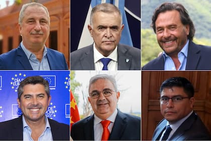 Algunos de los gobernadores que ayudaron a Milei con la reforma laboral: Passalaqua (Misiones), Jaldo (Tucumán), Saénz (Salta), Orrego (San Juan), Jalil (Catamarca) y Claudio Vidal, (Santa Cruz)