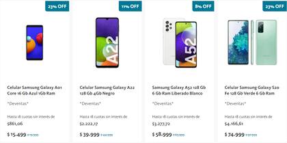 Algunos de los modelos en la promoción de celulares del Banco Nación.