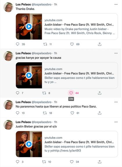 Algunos de los tuits de @lospelaosbro dando cuenta de los ataques