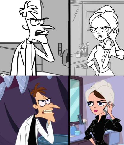 Algunos dibujos de García en la nueva temporada de Phineas y Ferb. En la izquierda está el doctor Heinz Doofenshmirtz y en la derecha, su hija Vanessa