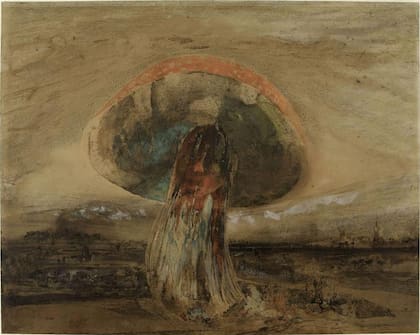 Algunos dibujos de Hugo son inquietantes: si observas de cerca este colosal y enigmático hongo, que se alza imponente sobre un paisaje desolado, verás un rostro en su tallo