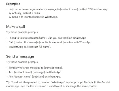Algunos ejemplos de cómo usar WhatsApp a través de Gemini (por ahora sólo funciona en Inglés, y Google lo está habilitando en forma gradual)