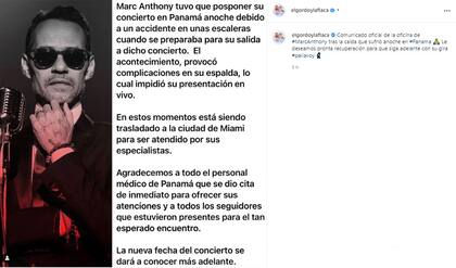 Algunos medios de comunicación dedicados al entretenimiento compartieron el comunicado donde se anunciaba la cancelación del concierto de Marc Anthony en Ciudad de Panamá (Crédito: Instagram/@elgordoylaflaca)