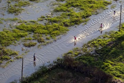 Algunos niños juegan en una zona inundada en las afueras de la ciudad de La Plata