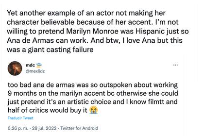 Algunos usuarios no se mostraron convencidos por la interpretación de Ana de Armas como Marilyn Monroe