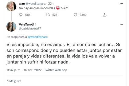 Algunos usuarios respondieron al tuit de Wanda Nara con reflexiones sobre la existencia -o no- de amores imposibles
