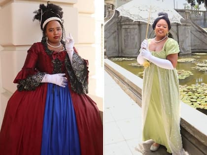 Alia y sus amigas cosplay como personajes de Bridgerton.