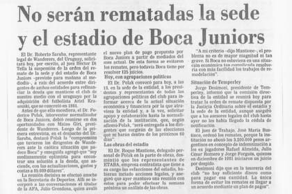 Alivio boquense: la nota de LA NACION del 5 de diciembre de 1984, que anuncia que la Bombonera no será rematada