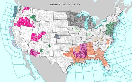 Alivio térmico en el sureste: tras días con más de 100 °F (38 °C), un frente frío baja las temperaturas a rangos de 70-80 °F (21-27 °C), excepto en Florida
