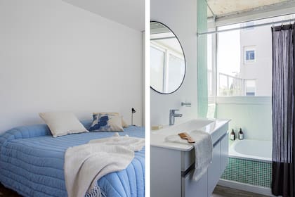 Almohadones (Claudia Adorno). Silla (Bacano). En el baño de la planta alta, venecitas (Murvi). Toalla nido de abeja y peine de madera (Claudia Adorno). Espejo (Mercado Libre)