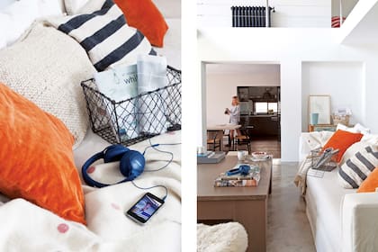 Almohadones color calabaza (Good Luck Casa) y rectangular beige (Laura O.). Pintados de negro, los clásicos radiadores son un plus en la decoración.