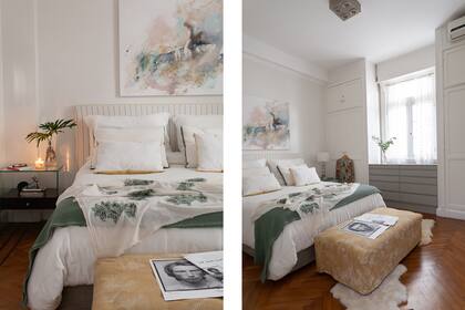 Almohadones con vivos verde, manta verde, funda de banqueta y respaldo a rayas (todo de Estudio Ce). Almohadones y pie de cama (Mercedes Segura).