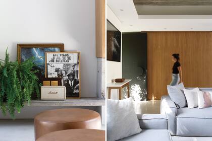 Almohadones estampados (Pezkoi Deco). El cuadro de jazz es un almanaque enmarcado.