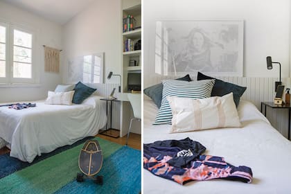 Almohadones rayados (Polina Deco). Almohadones de pana (Tupé Home). Alfombra (Seara). Cuadro ‘Supergirl’ (Estudio x4arq). Respaldo en MDF ranurado (Estudio x4arq) pintado con esmalte sintético ‘Loxon’ blanco (Sherwin-Williams).