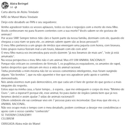 Alzira Beringel, madre de Manuel Maria Trindade, utilizó sus redes sociales para defender la memoria de su hijo y responder a las críticas tras su trágica muerte (Fuente: Facebook)