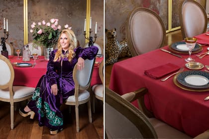Vestida con una túnica de terciopelo, edición limitada, de Gucci, y plataformas de Isabel Marant, posa en el comedor de su casa, que está “enmarcado” por un biombo del artista francés Odilon Redon.