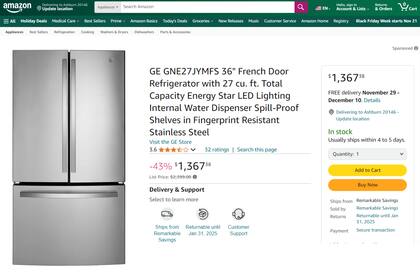Amazon también incluye este electrodoméstico en su lista de descuentos, pero a un precio de US$1367