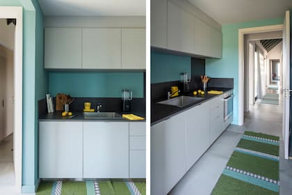 Amoblamiento de cocina de frente claro (Zona M) con mesada en Neolith (Laviere) y alfombra en PVC reciclado de la firma nórdica Horreds Mattan (Monoccino).