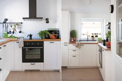 Amoblamiento de cocina de madera, grifería, barral y utensilios (Ikea). Repasador de lino (H&M Home) y cafetera italiana (Habitat). Piso flotante sobre lámina amortiguadora