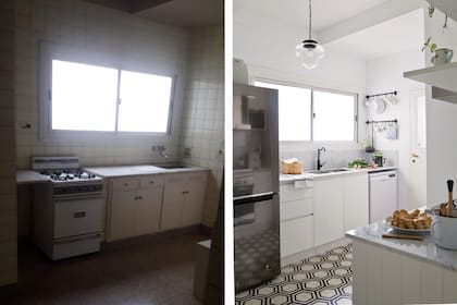 Amoblamiento de melamina laqueada (Maddox muebles) con mesada y alzada en Carrara. Canilla negra y lámparas ferroviarias compradas por Mercado Libre.