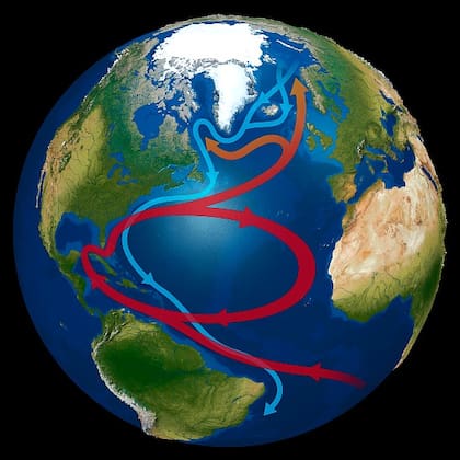 AMOC es un sistema de corrientes en el océano Atlántico que transporta aguas cálidas hacia el norte (en rojo) y aguas frías hacia el sur (en azul)