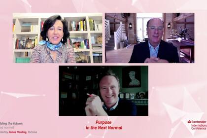 Ana Botín (Santander), Larry Fink (BlackRock) y el moderador James Harding (Tortoise), durante el encuentro virtual organizado por el banco