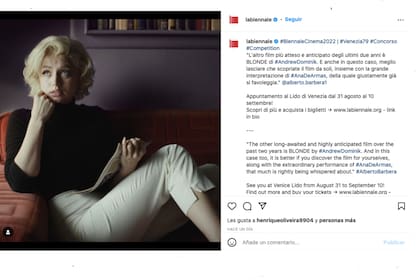 Ana de Armas presumió orgullosa que su próxima película Blonde fue reconocida por La Biennale di Venezia