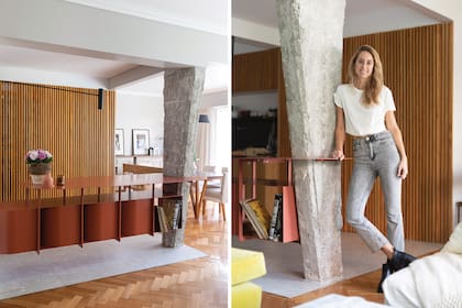 Ana Ottone, cofundadora del estudio Ottone-Victorica, junto a la atípica columna que descubrió al demoler la pared que cerraba el living. Para darle relevancia, la hizo soporte de una barra que tiene nichos con acceso duplicado: se aprovechan desde el living y desde la cocina.