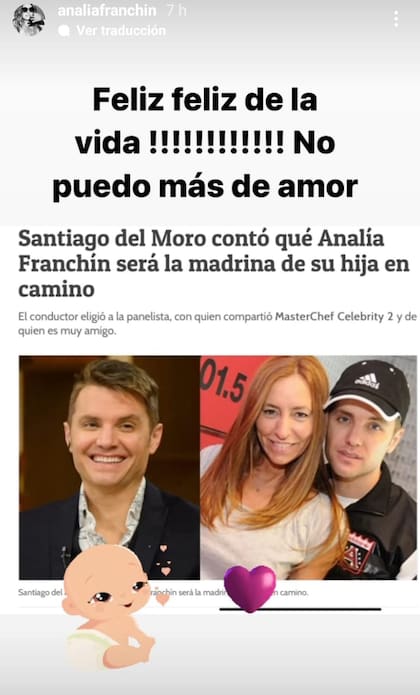 Analía Franchín expresó su felicidad por ser la madrina de la nueva hija de Santiago del Moro