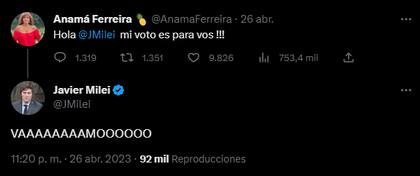 Anamá Ferreira expresó su apoyo a Javier Milei de cara a las elecciones presidenciales (Foto: Twitter @AnamaFerreira)