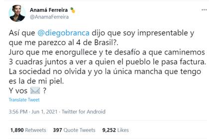 Anamá Ferreira le respondió a Diego Brancatelli tras su comparación con el 4 de la selección brasileña