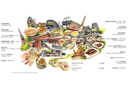 Andō no tiene carta y los platos no son a elección, sin embargo, cuenta con un mapa donde se presentan algunas de las creaciones, con fuerte presencia de la Argentina: Caminito, la cancha de Boca Juniors, la Plaza Miserere comparten territorio con la Torre Eiffel, la araña de Louise Bourgeois y monumentos asiáticos.