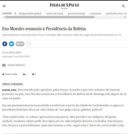 "Evo Morales renuncia a la presidencia de Bolivia", tituló el diario brasileño